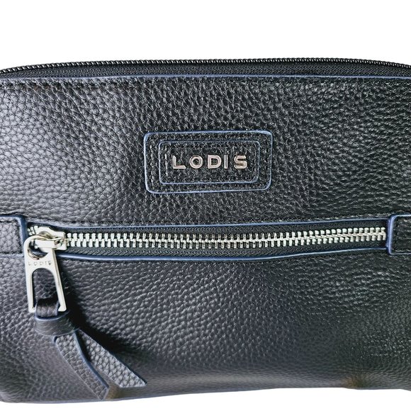 LODIS Charlotte Pebble Black w/ Navy Trim Leather Medium Crossbody Bag Handbag - Picture 4 of 8